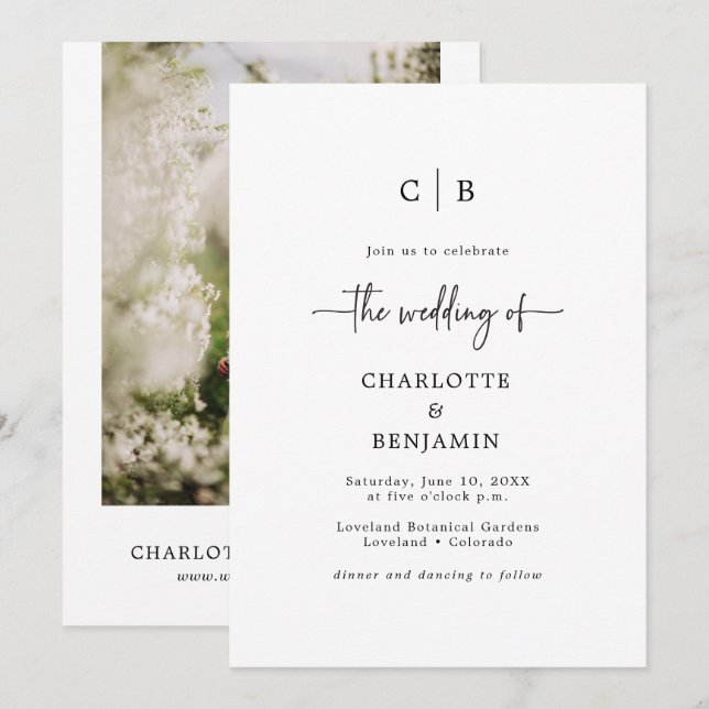 Convite Casamento com Letra de Script Minimalista Moderna (Frente/Verso)