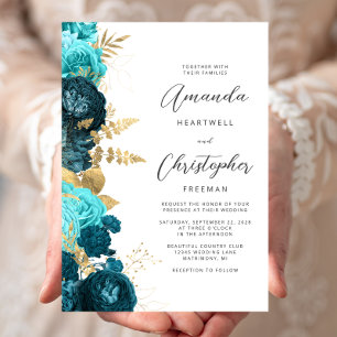 Convite Casamento com Letra Dourada Floral Teal Aqua