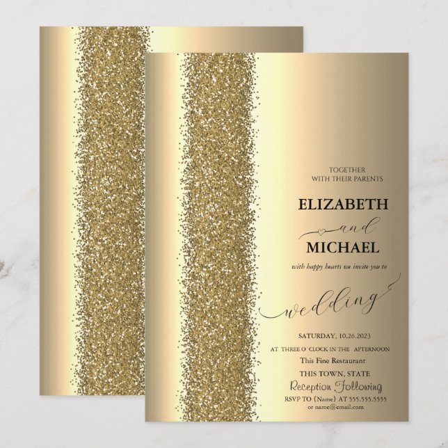 Convite Casamento com Letra Elegante Dourada Brilhante (Frente/Verso)