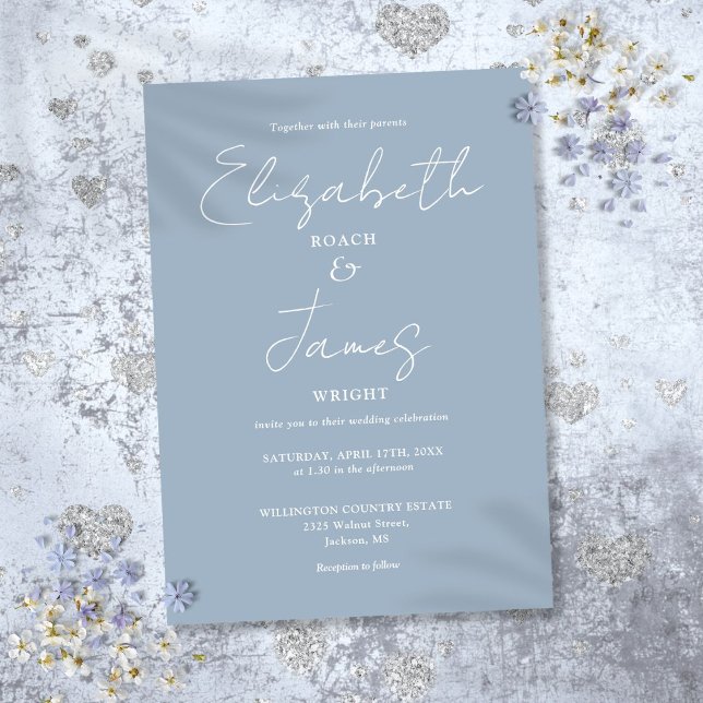 Convite Casamento com Letra Elegante Minimalista Azul Empo (Dusty Blue Minimalist Elegant Script Wedding Invitation)
