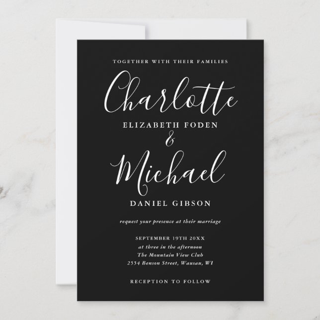 Convite Casamento com Letra Elegante Preto e Branco (Frente)