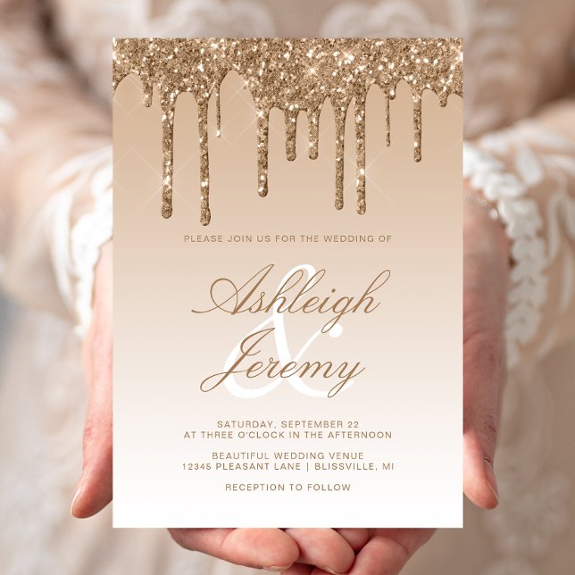 Convite Casamento com Letra Glitter Dourado Elegante (Criador carregado)