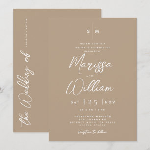 Convite Casamento com Letra Moderna, Bege Pálido e Branco