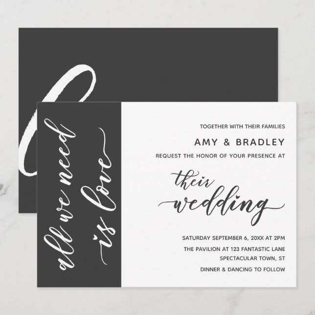 Convite Casamento com Letra Moderna Cinza Escuro e Branco (Frente/Verso)