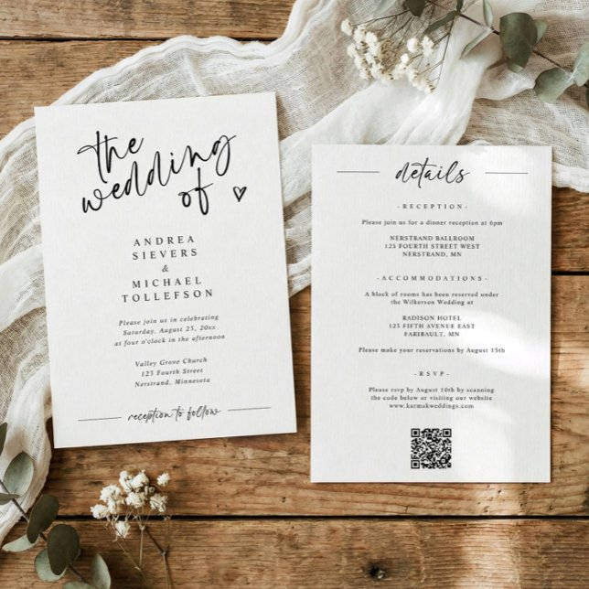 Convite Casamento com Letra Moderna e Divertida Preto e Br (Modern black and white wedding invitation with “the wedding of” in fun handwritten script)