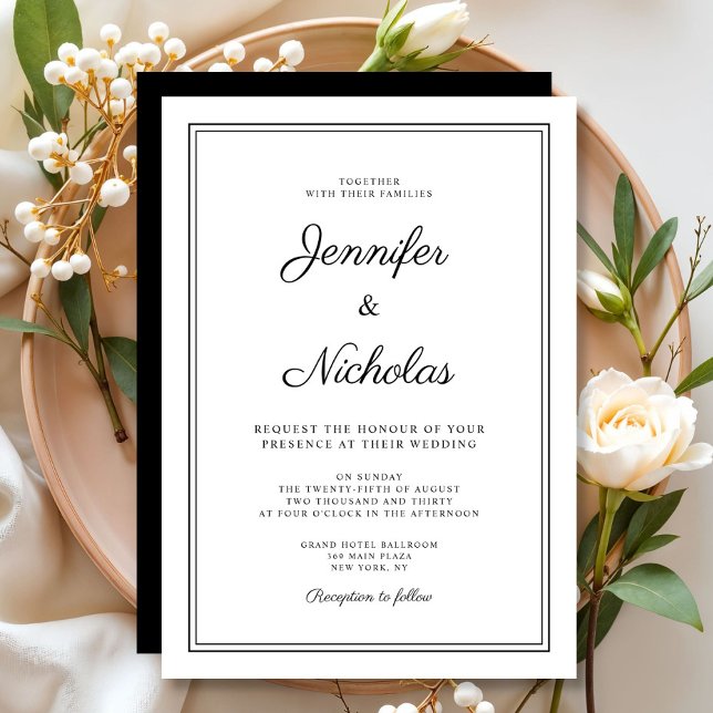 Convite Casamento com Letra Moderna e Elegante em Preto e  (Elegant Modern Black And White Script Wedding Invitation
)