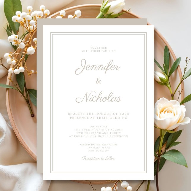 Convite Casamento com Letra Moderna e Sofisticada Castanha (Elegant Modern Taupe Script Wedding Invitation)