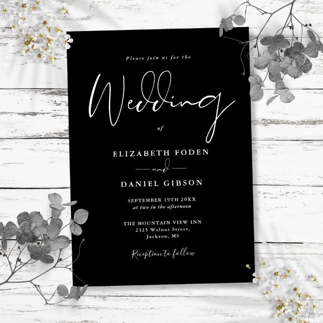 Convite Casamento com Letra Moderna Elegante Preto e Branc (Black And White Elegant Modern Script Wedding Invitation)