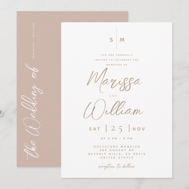 Convite Casamento com Letra Moderna Rosa e Branco Elegante (Frente/Verso)