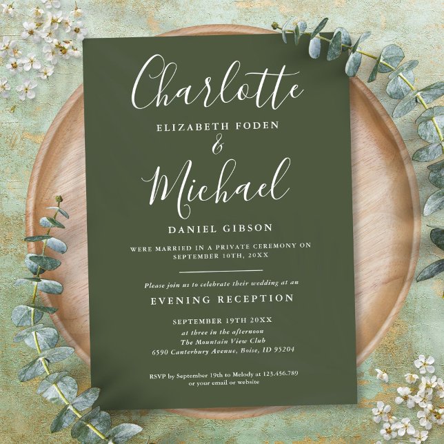 Convite Casamento com Letra Olive Green Apenas Recepção (Reception Only Olive Green Script Wedding Invitation)