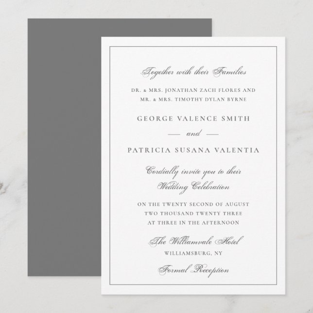 Convite Casamento com Letra Script de Borda Cinza Elegante (Frente/Verso)