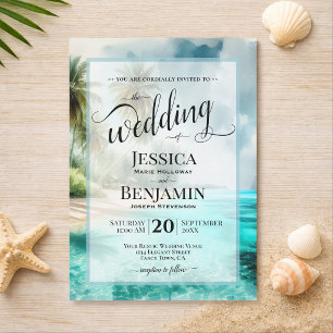 Convite Casamento com Letra Stylish em Aquarela de Praia T