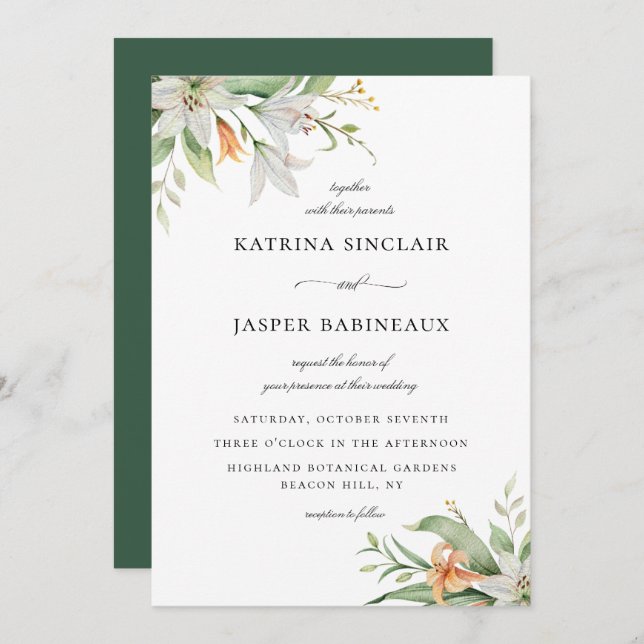 Convite Casamento com Lily Floral Botânica (Frente/Verso)