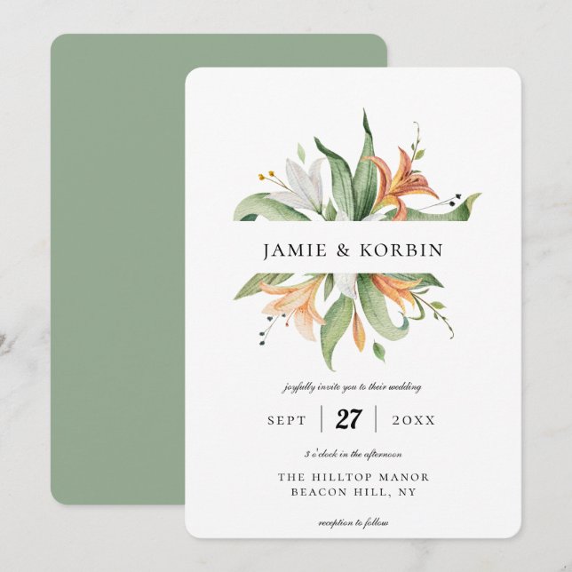 Convite Casamento com Lily Floral Botânica Moderna (Frente/Verso)