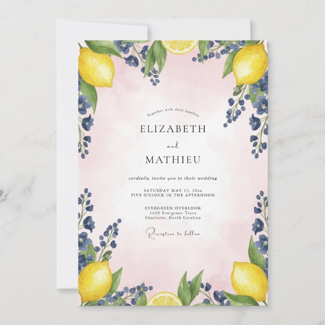 Convite Casamento com Limão Azul Rosa Eucalipto (Frente)