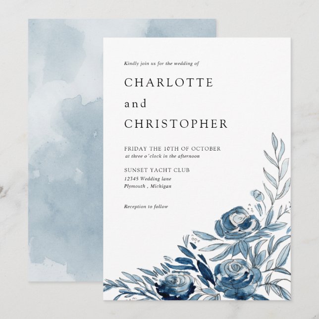 Convite Casamento com linearidade floral de indigo azul (Frente/Verso)