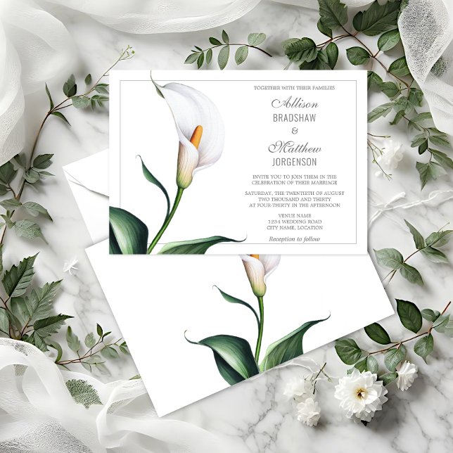 Convite Casamento com Lírio Calla Marfim Elegante Branco (Elegant Ivory White Calla Lily wedding invitation front and back view.)