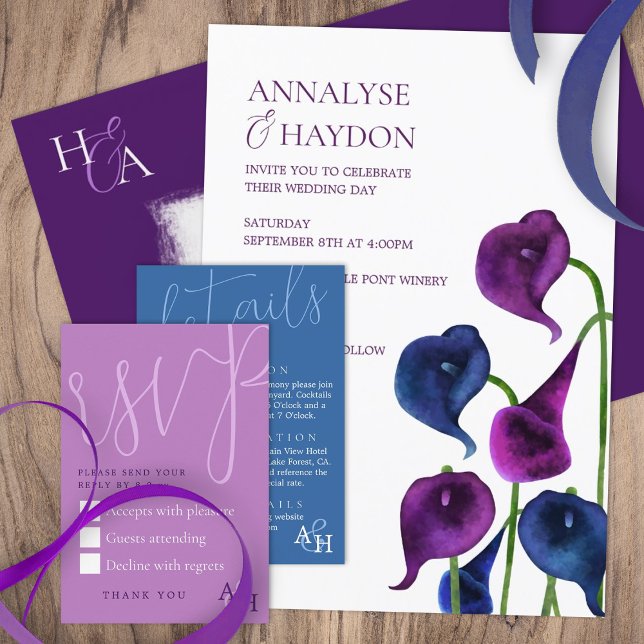 Convite Casamento com Lírios de Calla Roxo e Azul (plum purple royal blue calla lilies wedding invitations, rich moody dark purple dark blue lily)