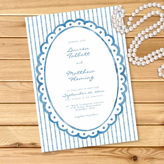 Convite Casamento com Listra de Aquarela Azul Branco Capri (Whimsical Blue White Watercolor Stripe Wedding Invitation)