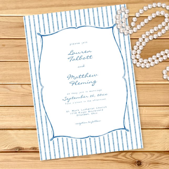 Convite Casamento com Listra de Aquarela Azul Branco Capri (Whimsical Blue White Watercolor Stripe Wedding Invitation)