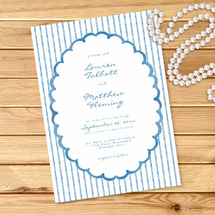 Convite Casamento com Listra de Aquarela Azul Branco Capri