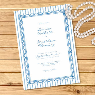 Convite Casamento com Listra de Aquarela Azul Branco Capri