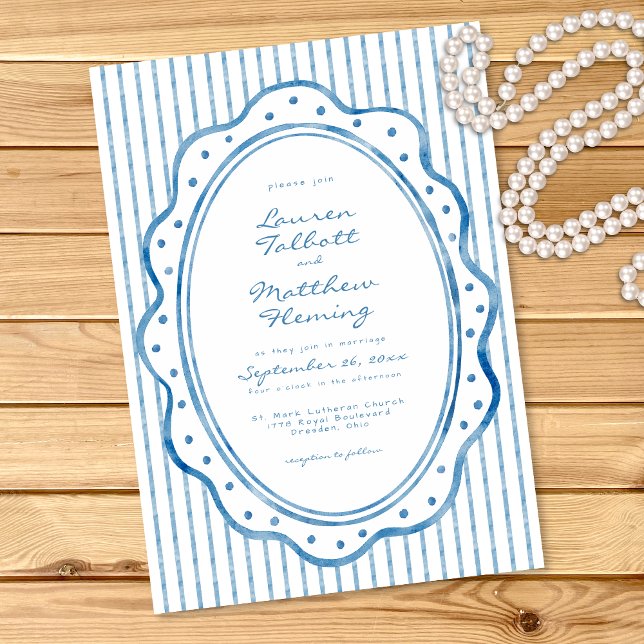 Convite Casamento com Listra de Aquarela Azul e Branco Cap (Whimsical Blue White Watercolor Stripe Wedding Invitation)