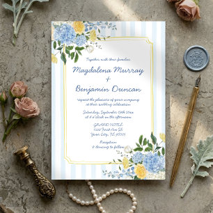 Convite Casamento com Listra Floral Amarela Azul Desenhada