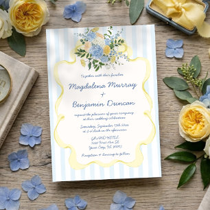 Convite Casamento com Listra Floral Amarela Azul Desenhada