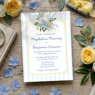 Convite Casamento com Listra Floral Azul Amarelo Desenhado
