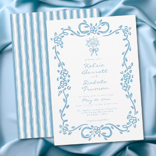 Convite Casamento com Listra Floral Azul Caprichosa à Mão