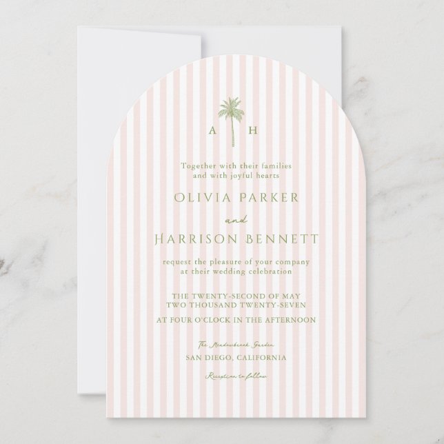 Convite Casamento com Listra Rosa Tropical em Arco de Palm (Frente)