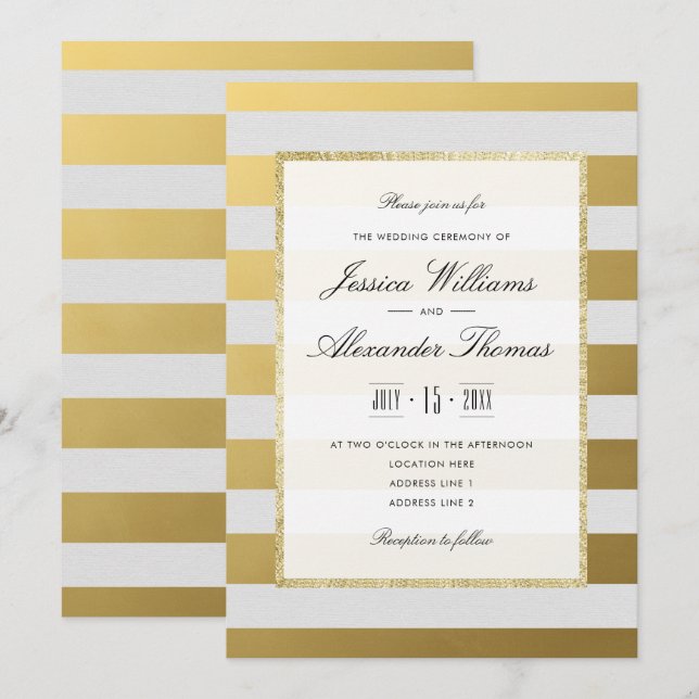 Convite Casamento com Listras de Ouro e Branco Elegante (Frente/Verso)