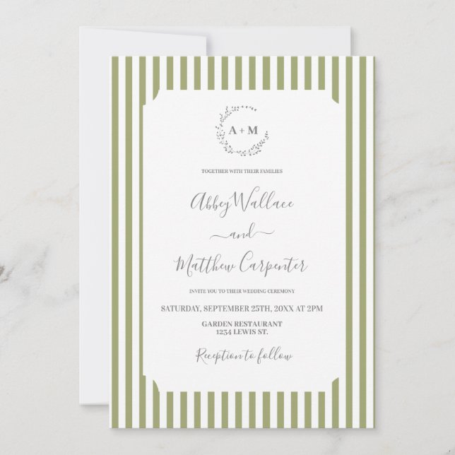 Convite Casamento com Listras em Verde Sálvia (Frente)