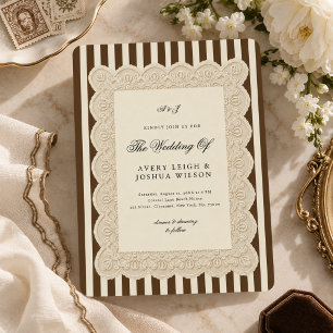 Convite Casamento com Listras Marrons de Café e Renda