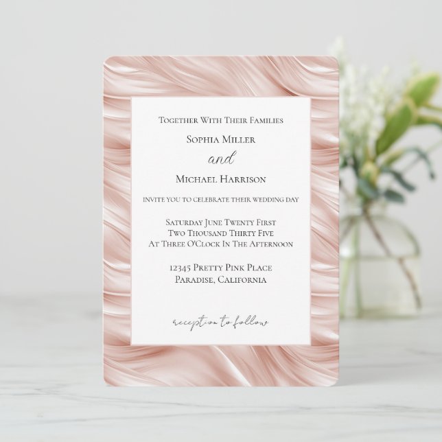 Convite Casamento com Listras Onduladas Rosa Bege (Em pé/Frente)