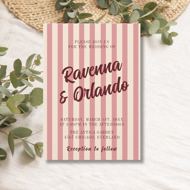 Convite Casamento com Listras Rosa Bege Borgonha Retro (Criador carregado)