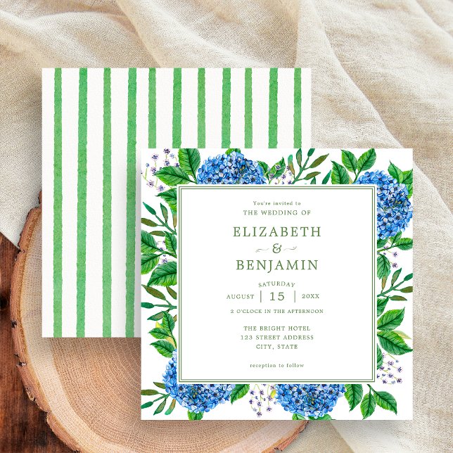 Convite Casamento com Listras Verdes Modernas e Hortênsias (Front / Back)