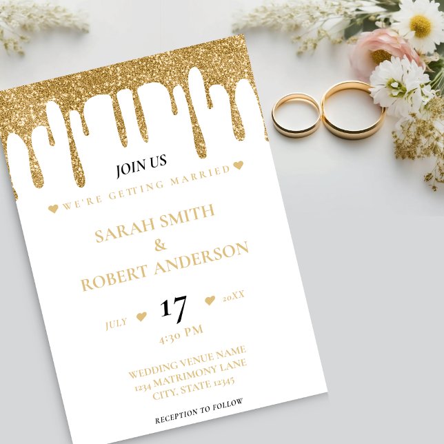 Convite Casamento com Lixo Branco e Dourado (White & Gold Glitter Drip Wedding Invitation)