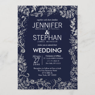 Convite Casamento com Lobras Florais de Prata Azul Elegant
