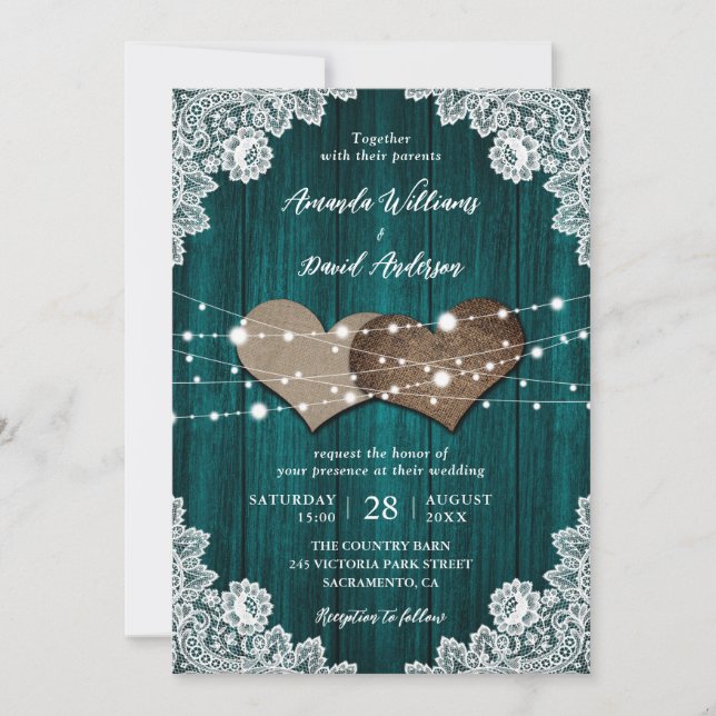 Convite Casamento com Locais Florais de Lace de Teal Wood  (Frente)