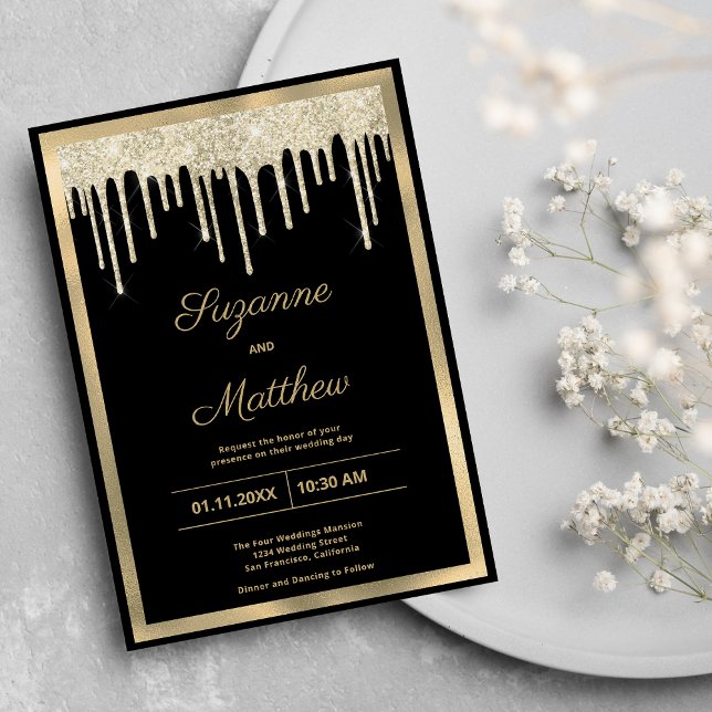 Convite Casamento com luxo em dourado preto com brilho a g (Black gold luxury glitter drips wedding)