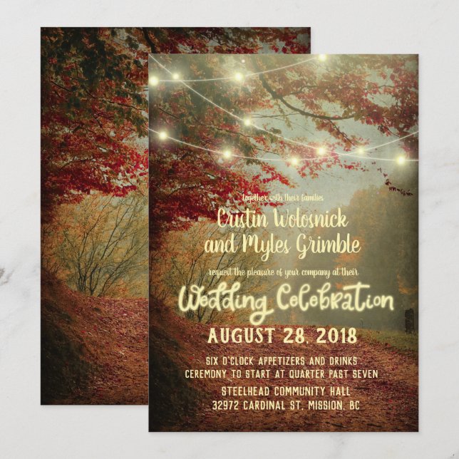 Convite Casamento com Luzes de Cordão Rústicas de Árvores  (Frente/Verso)