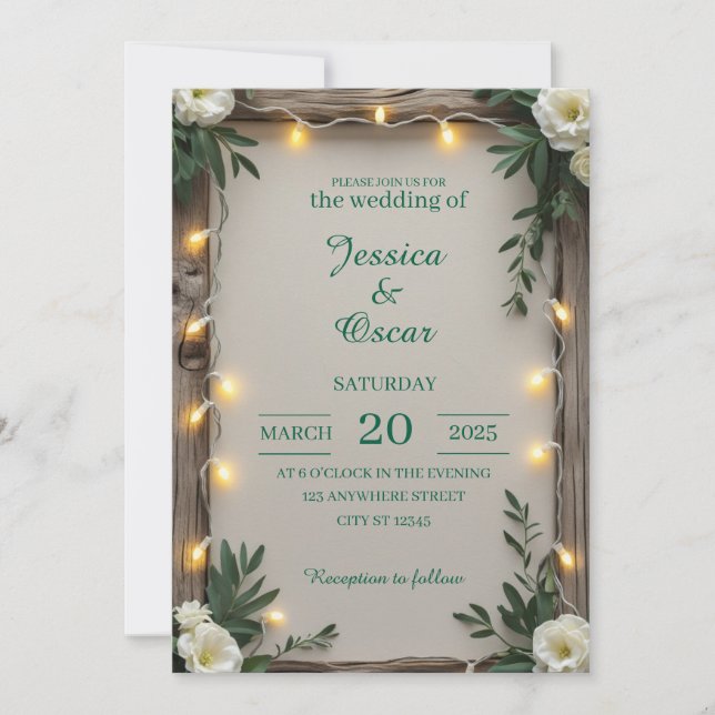 Convite Casamento com Luzes de Fada Rústicas (Frente)
