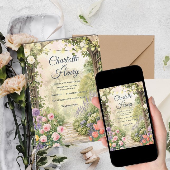 Convite Casamento com Luzes de Fadas em Arco de Jardim Ing (Romantic English Garden Arbor Fairy Lights Wedding Invitation)