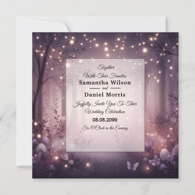 Convite Casamento com Luzes de Fadas no Brilho da Floresta (Frente)