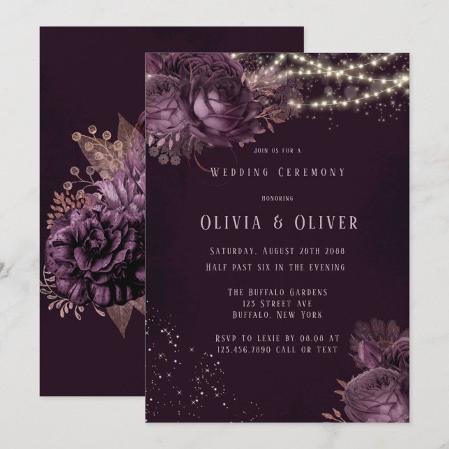 Convite Casamento com Luzes de Peônia Douradas e Roxas (Frente/Verso)