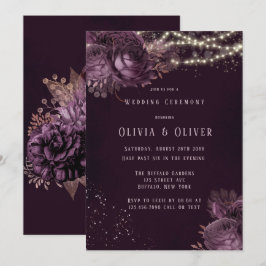 Convite Casamento com Luzes de Peônia Douradas e Roxas