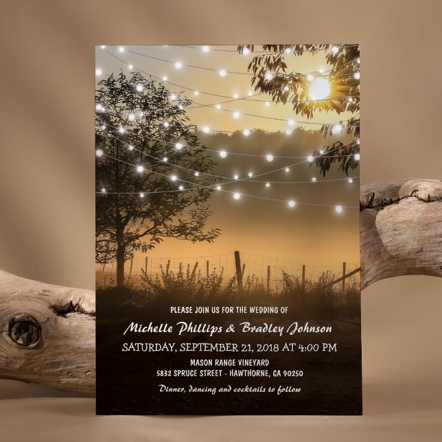 Convite Casamento com Luzes Rústicas Vintage no Campo (Criador carregado)
