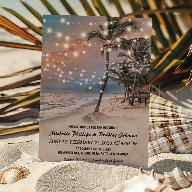 Convite Casamento com Luzes Tropicais Vintage na Praia (Criador carregado)